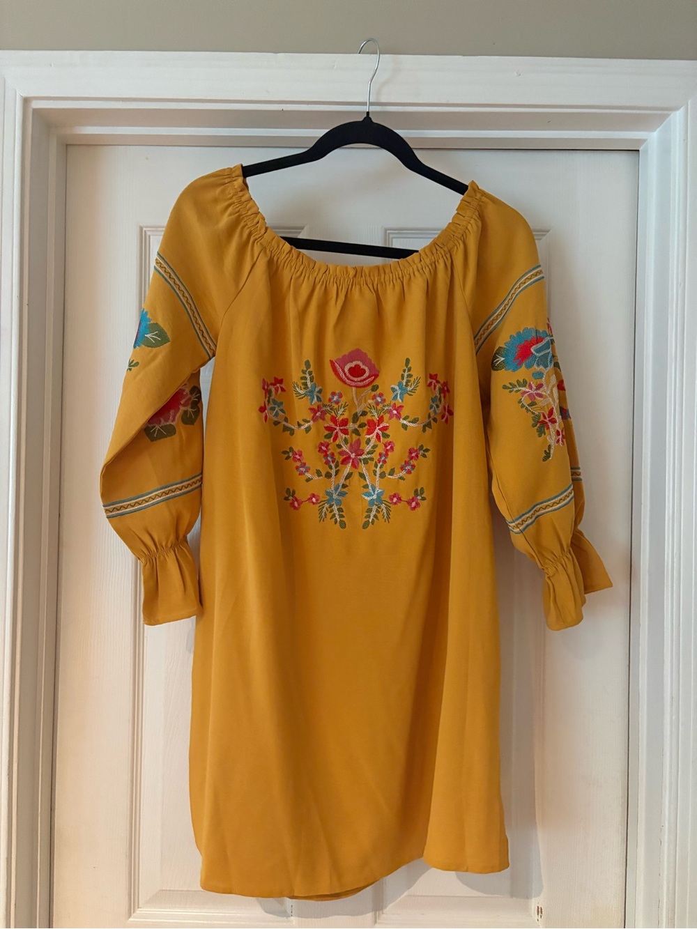 entro Mustard Embroidered Peasant Dress with Multicolor Floral Details